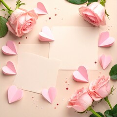 Delicate pastel pink roses and paper hearts surrounding blank cards