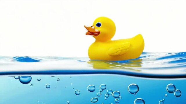 A bright yellow rubber duck floats serenely on crystal clear water. It evokes a sense of playfulness and joy for kids and adults alike. Perfect for fun imagery. Generative AI
