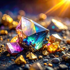 Colorful crystals and gold nuggets on dark ground, bathed in sunlight