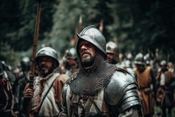 Historical reenactment of medieval soldiers in armor during battle scene