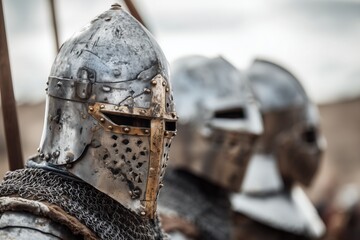 Detailed View of Historical Metal Armor and Helmets from Medieval Times