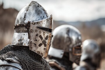 Historical Knights in Armor Ready for Battle with Detailed Helmets and Gear