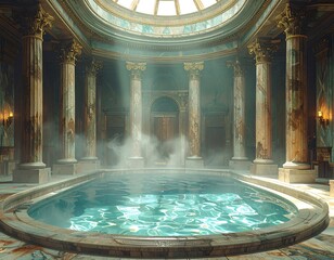 Opulent indoor pool with marble columns and domed skylight, filled with shimmering water and rising mist