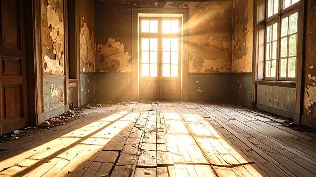 Interior of a dilapidated room with peeling paint and sunbeams. Wooden floor, door, and windows