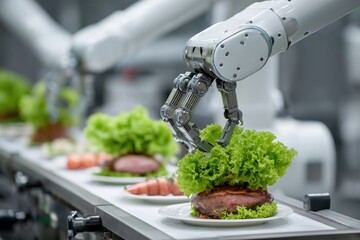 Robotic Hand Assembling Food with Fresh Lettuce and Ingredients on Plates