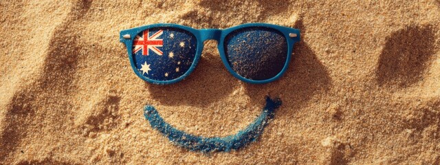 Smiling face created with sand and sunglasses with Australian flag displayed on the lenses found on the beach during daytime