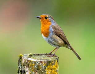 Orange-breasted robin perched atop weathered wooden post, set against a blurred, natural green backdrop