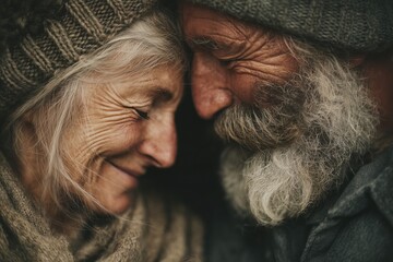 Elderly Couple Embracing with Love and Warmth in Cozy Winter Attire