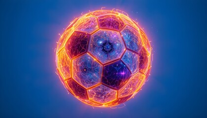 Abstract glowing neon soccer ball floating over a vibrant blue background, creating a dynamic sports-themed design
