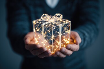 Hands Presenting Gift Box with Fairy Lights for Magical Celebrations