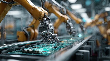 AI automation Autonomous Electronics Factory with Precision Robotic Arms at Work Facility Operating with Advanced Manufacturing Technology Efficient Conveyor Robots Producing Circuit Boards