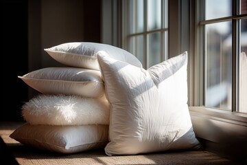 Soft White Pillows Stacked Near Bright Window with Natural Light