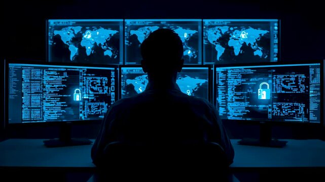 Silhouette of person working at desk facing multiple glowing data monitors in dark room