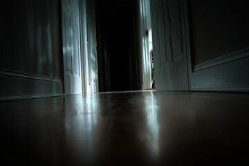 Dark and Mysterious Hallway with Soft Light Reflections on Wooden Floor