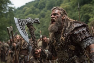Warrior with Axe in Battle Cry Amidst Historical Reenactment Group