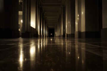 Dimly Lit Corridor with Reflective Floor and Tall Columns in Perspective
