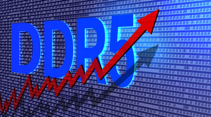 Vector 3D banner. Abbreviation DDR5. Operational memory five generation. Red arrow pointing up. Digital blue background. Shortages and rising prices