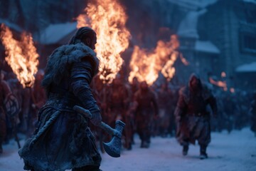 Snowy Medieval Festival with Warriors Carrying Torches and Axes at Dusk