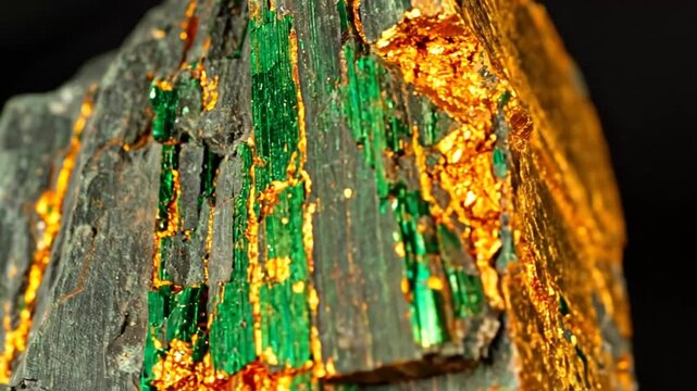 A close-up view of a mineral specimen with green crystalline structures and gold veins