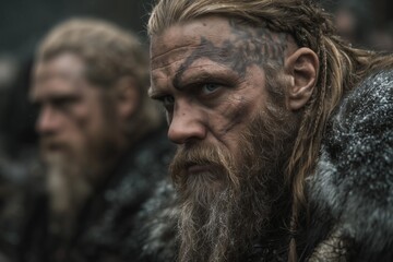Intense Expression of Viking Warrior with Tribal Tattoos in Cold Environment