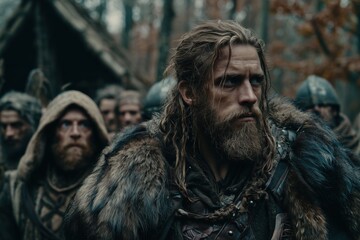 Intense Viking Warrior with Long Hair and Beard in Dense Forest Setting