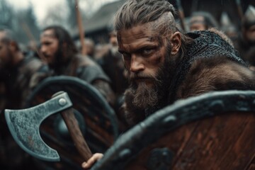 Intense Viking Warrior with Axe in Battle-Ready Stance Amidst Crowd