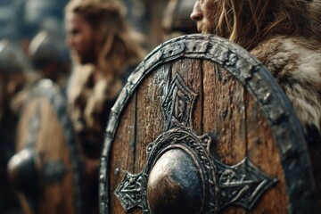 Viking Warriors with Shields in Historical Battle Scene Near Campfire