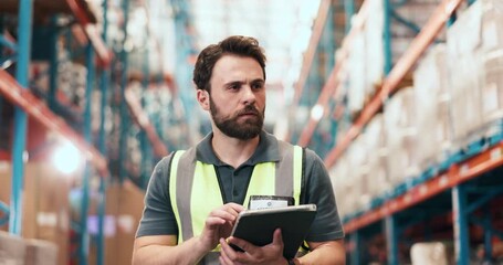 Tablet, man and supply chain worker in warehouse for inspection, online checklist or stock with delivery. Digital technology, communication and male logistics manager with information for ecommerce. - Powered by Adobe
