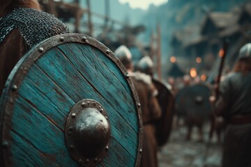 Viking Warriors Preparing for Battle with Shields in Historical Setting