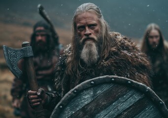 Intense Viking Warrior with Axe and Shield in Snowy Landscape Scene