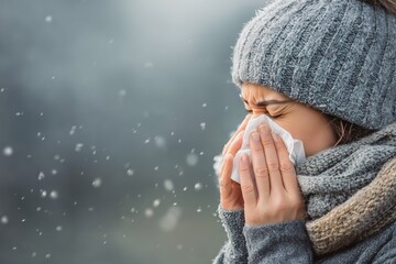 Woman in Winter Clothing Sneezing in Snowy Weather Outdoors