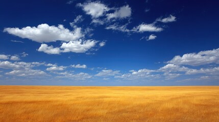 Expansive golden grassland meets deep blue sky filled with scattered white clouds