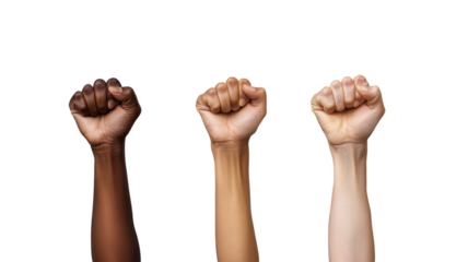 Fists raised upward powerful gesture of unity strength resistance determination protest symbol bold human expression isolated on white background