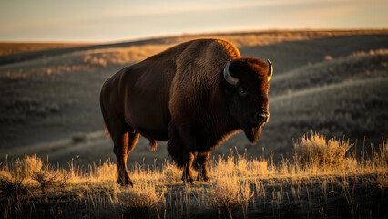 Environmental portrait of an American bison standing in an open natural landscape during golden hour