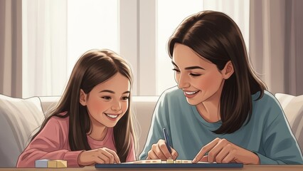 Mother and daughter smiling while writing and learning at a table in a home setting.