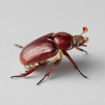 Macro wildlife photography of cockchafer beetle on white background, detailed exoskeleton texture and fan-shaped antennae, isolated natural history specimen