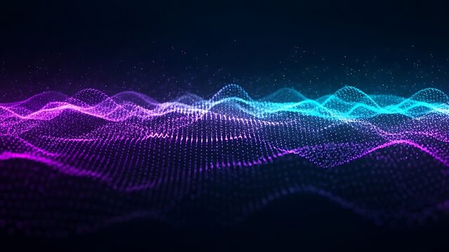 Abstract digital wave with vibrant particles and flowing lines on dark background