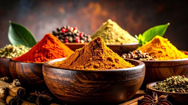 A vibrant still life showcasing a collection of aromatic spices in wooden bowls with natural lighting