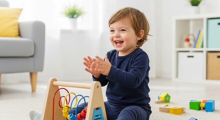 Happy toddler clapping hands with wooden toy