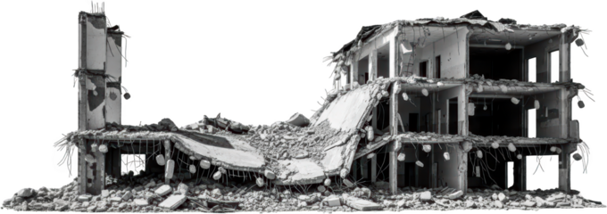 Collapsed structure remains showing exposed concrete beams and rebar amidst extensive debris a stark black and white photograph illustrating severe structural damage and destruction
