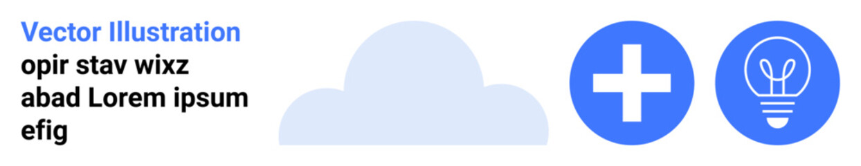 Obraz premium Technology, healthcare, innovation, cloud computing, medical services, design concepts. Blue cloud shape, plus sign and lightbulb graphics. Technology and healthcare