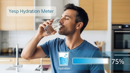 Man Drinking Water from Glass in Kitchen.