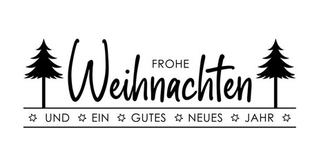 Frohe Weihnachten und ein gutes neues Jahr - deutscher Text. Kartentext f&uuml;r Weihnachtskarte, schwarz, Wolke, Vektor, Schriftzug auf wei&szlig;em Hintergrund mit Tannenbaum, Linien und Sternen. 