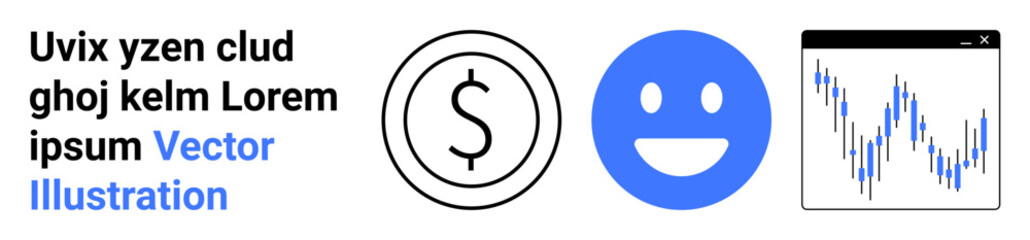 Fototapeta premium Business strategy, financial planning, stock market, data analysis, economic growth, profit trends. Circular dollar sign, happy face and market graph symbols. Business strategy and financial
