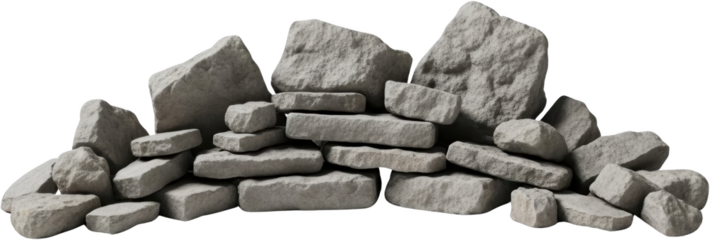 A substantial unevenly stacked pile of rough textured light gray quarried stone blocks and irregular natural rocks against a transparent background Construction Material Granite Sandstone