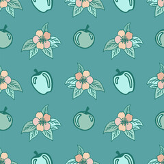 Vector seamless pattern with apple blossoms and apples. Основные RGB