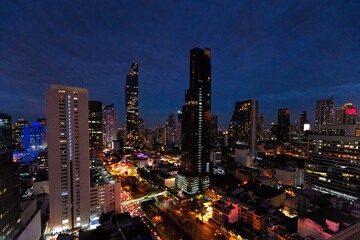 Bangkok panoramic view by night, modern cityscape with city lights and skyscraper buildings skyline in Bangkok, Thailand