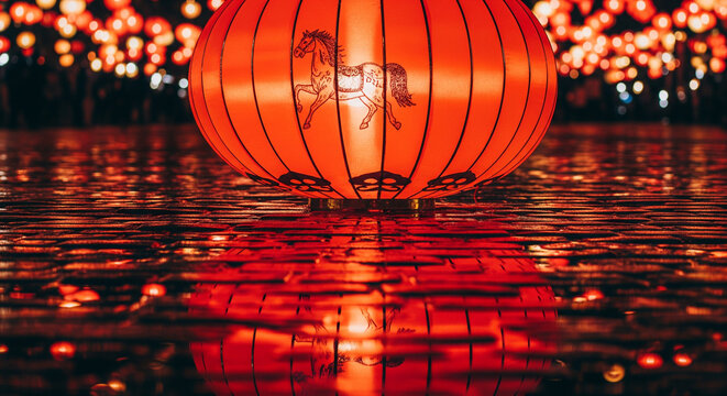 Large red chinese lantern with horse design floats on rippling water surrounded by numerous glowing lanterns in background at night