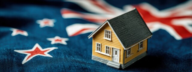 Small model house on a background of Australian flag with stars and colors showing national pride
