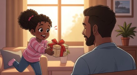Little Black girl in pink striped sweater giving gift to father indoors
